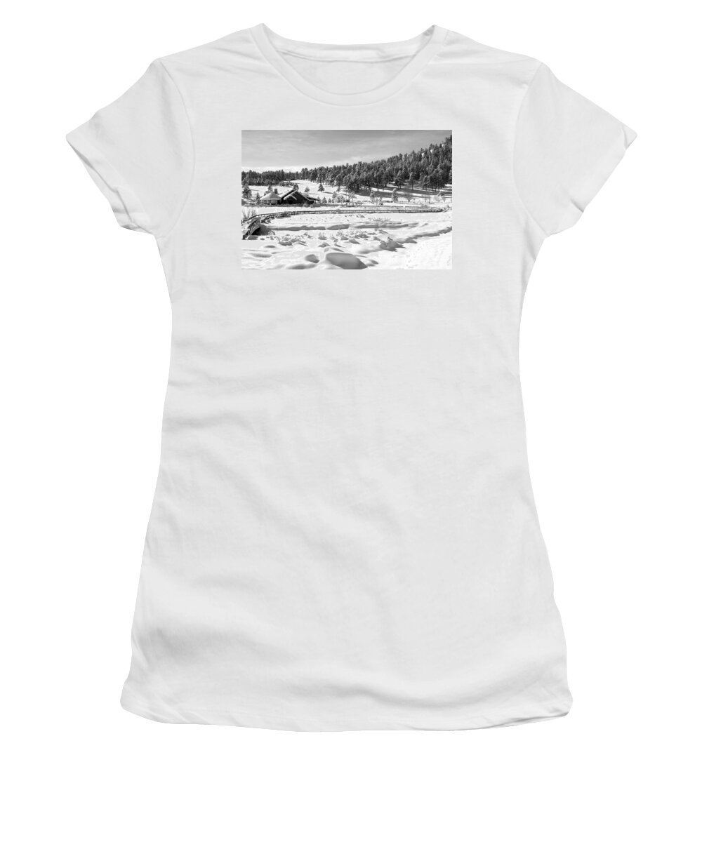 Evergreen Lake Women's T-Shirt featuring the photograph Evergreen Lake House in Winter by Ron White