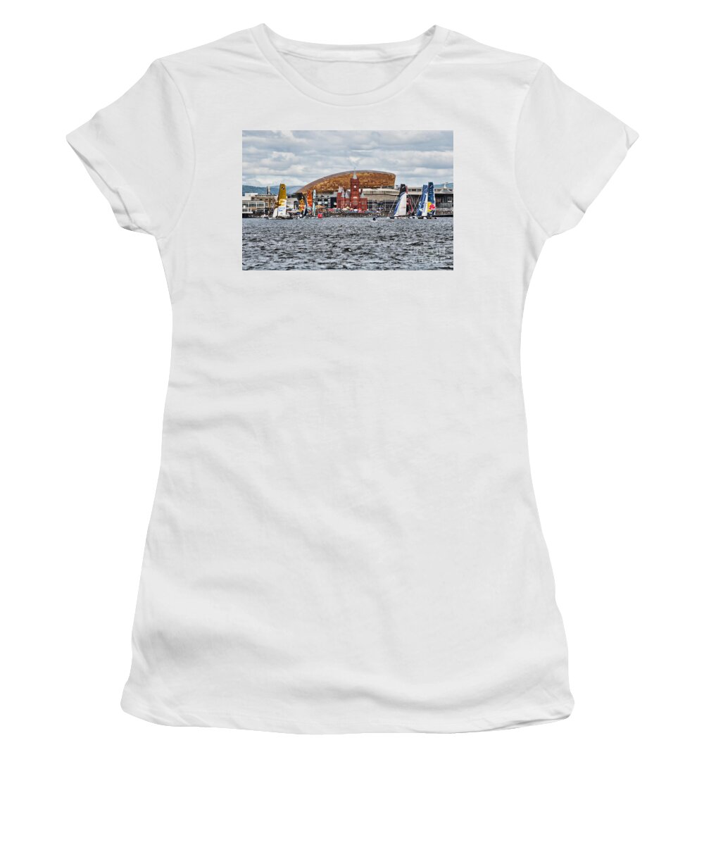 Extreme 40 Catamarans Women's T-Shirt featuring the photograph Extreme 40 At Cardiff Bay by Steve Purnell