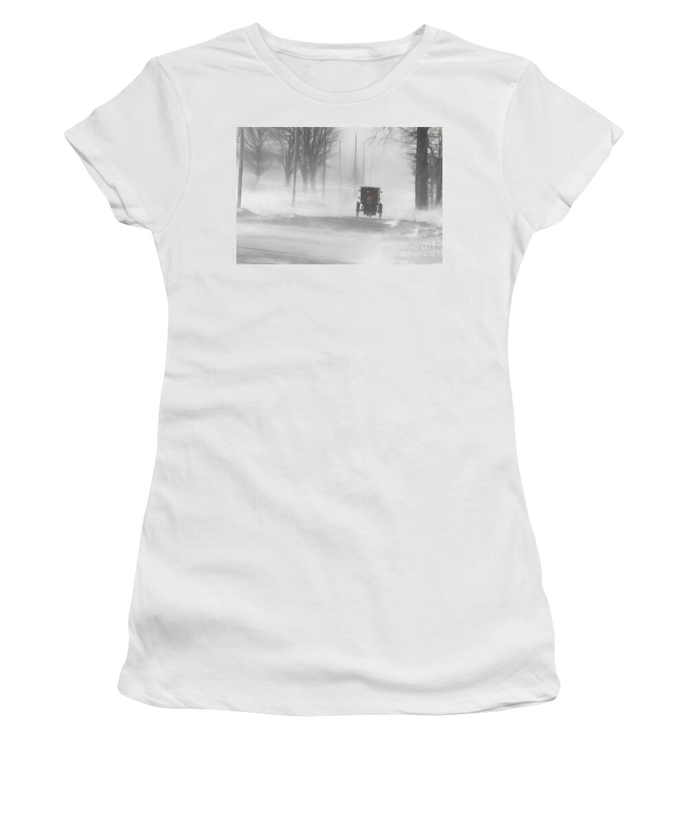 Amish Women's T-Shirt featuring the photograph February Buggy 2015 by David Arment