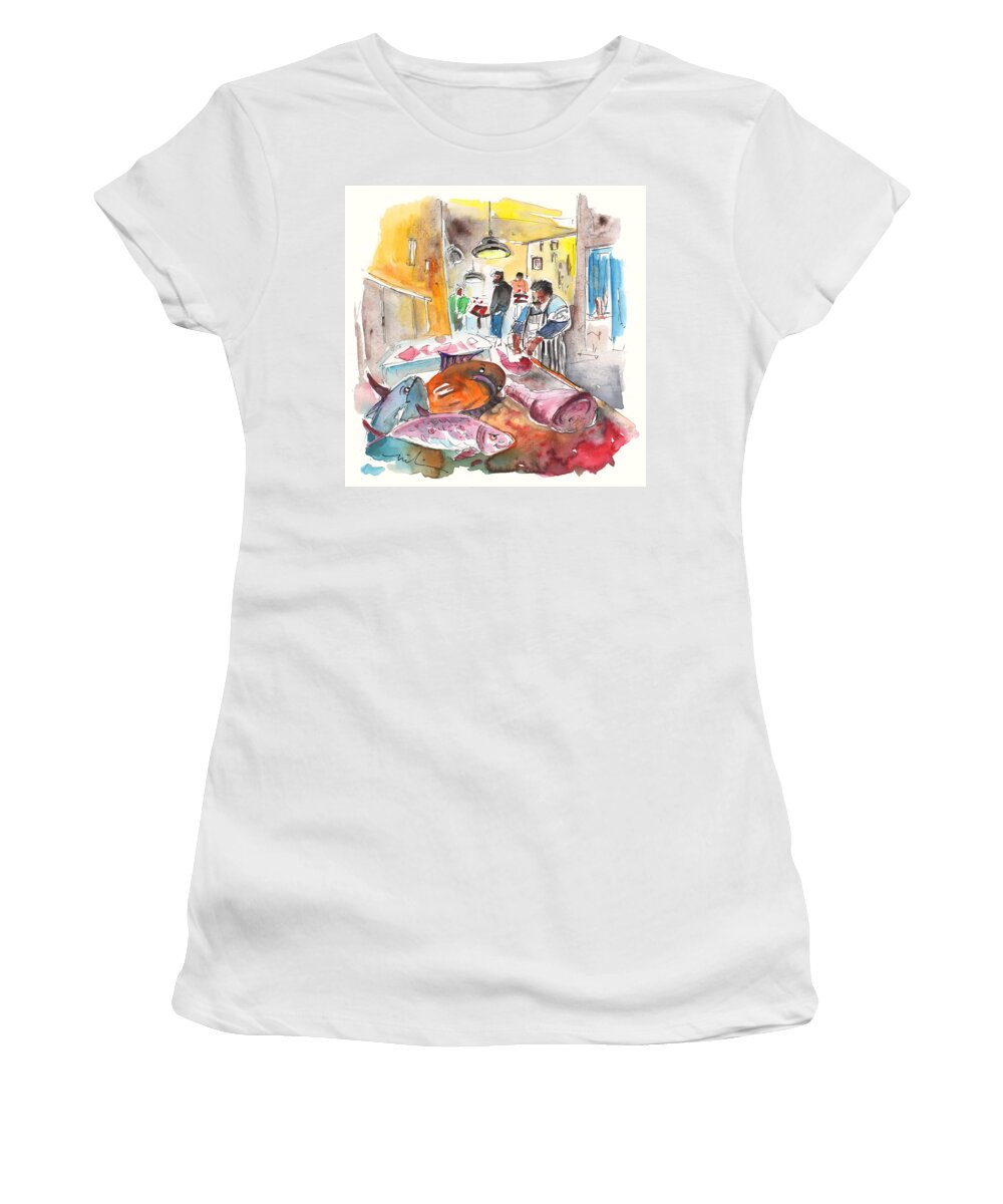 Travel Women's T-Shirt featuring the painting Fish Shop in Siracusa by Miki De Goodaboom