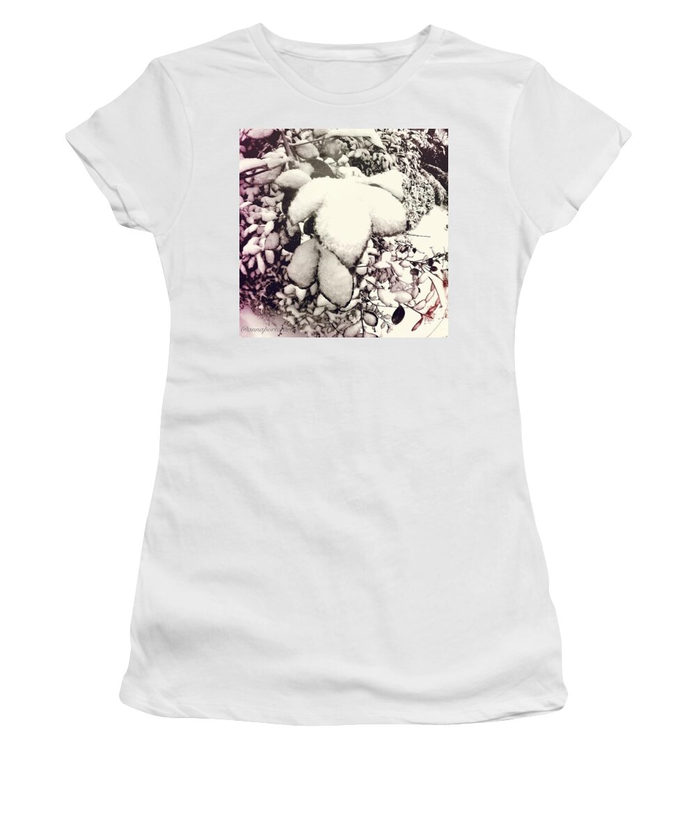 Annasgardens Women's T-Shirt featuring the photograph Fisheye Camellia In The Snow For The by Anna Porter