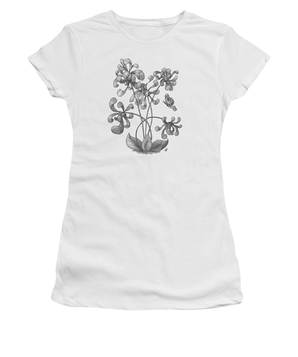 Flowers Women's T-Shirt featuring the drawing Flipped Flowers and Butterfly by Quwatha Valentine