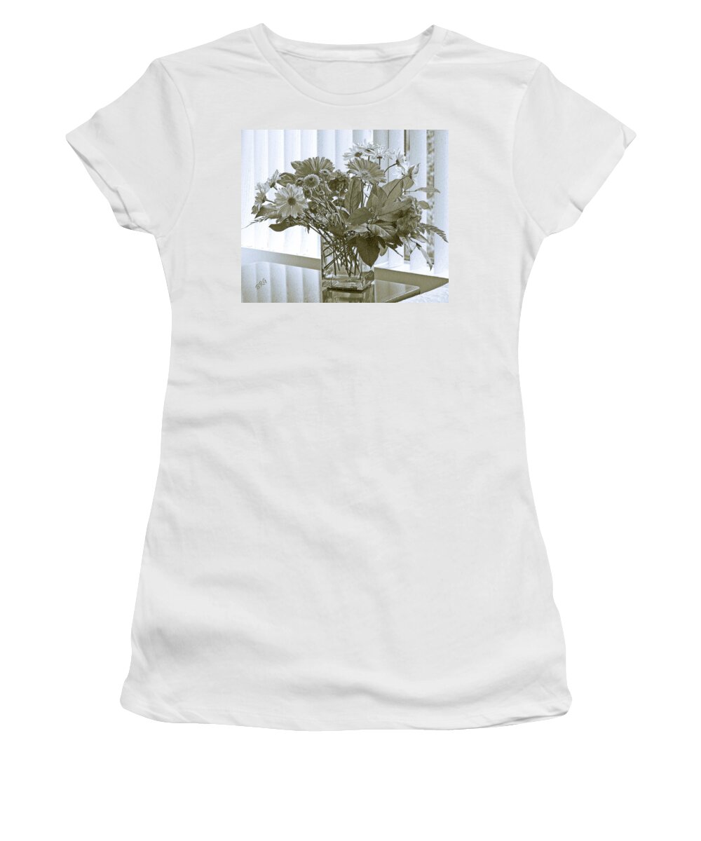 Floral Still Life Women's T-Shirt featuring the photograph Floral Arrangement With Blinds Reflection by Ben and Raisa Gertsberg