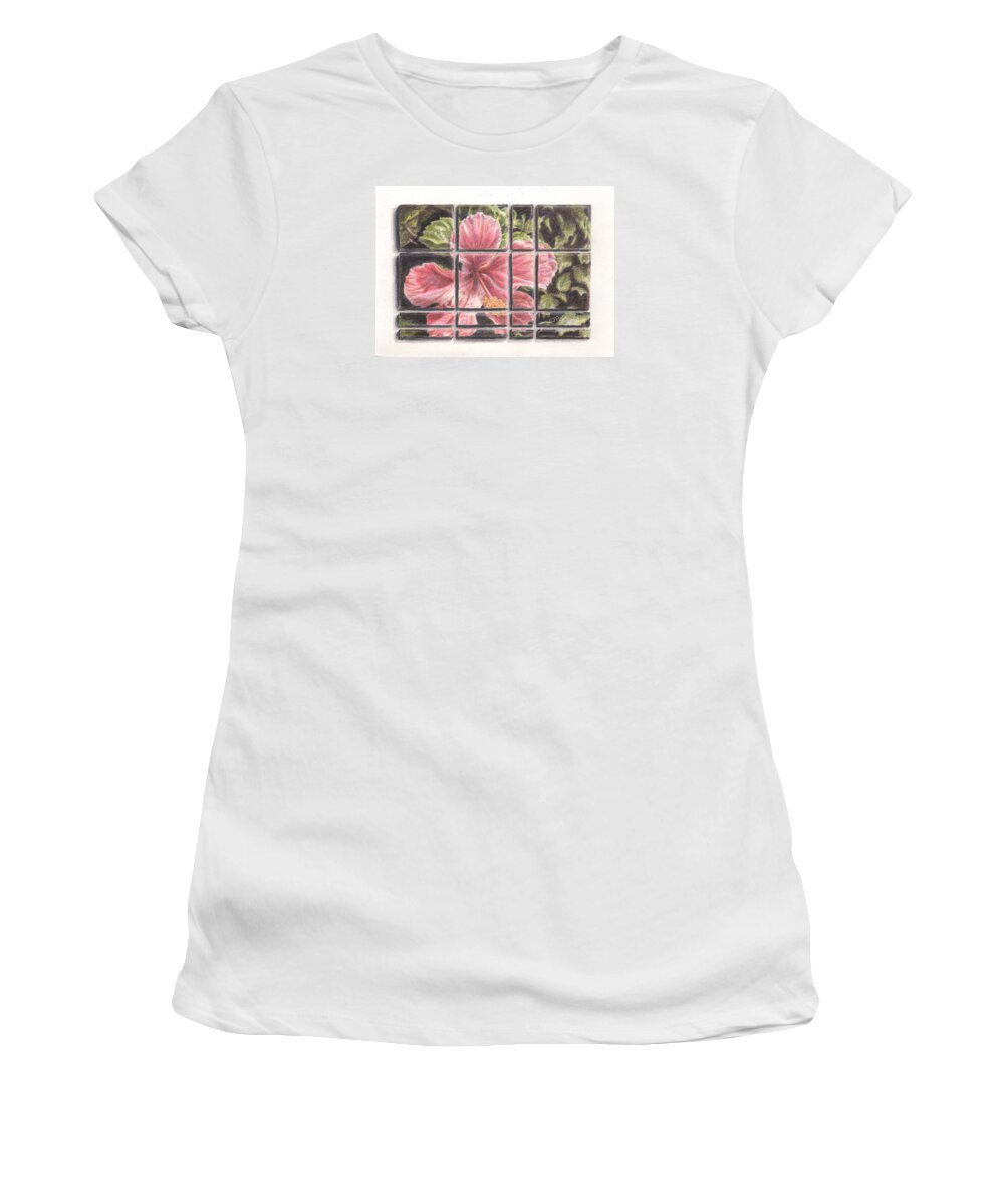 Pink Women's T-Shirt featuring the drawing Floral Puzzle by Pris Hardy