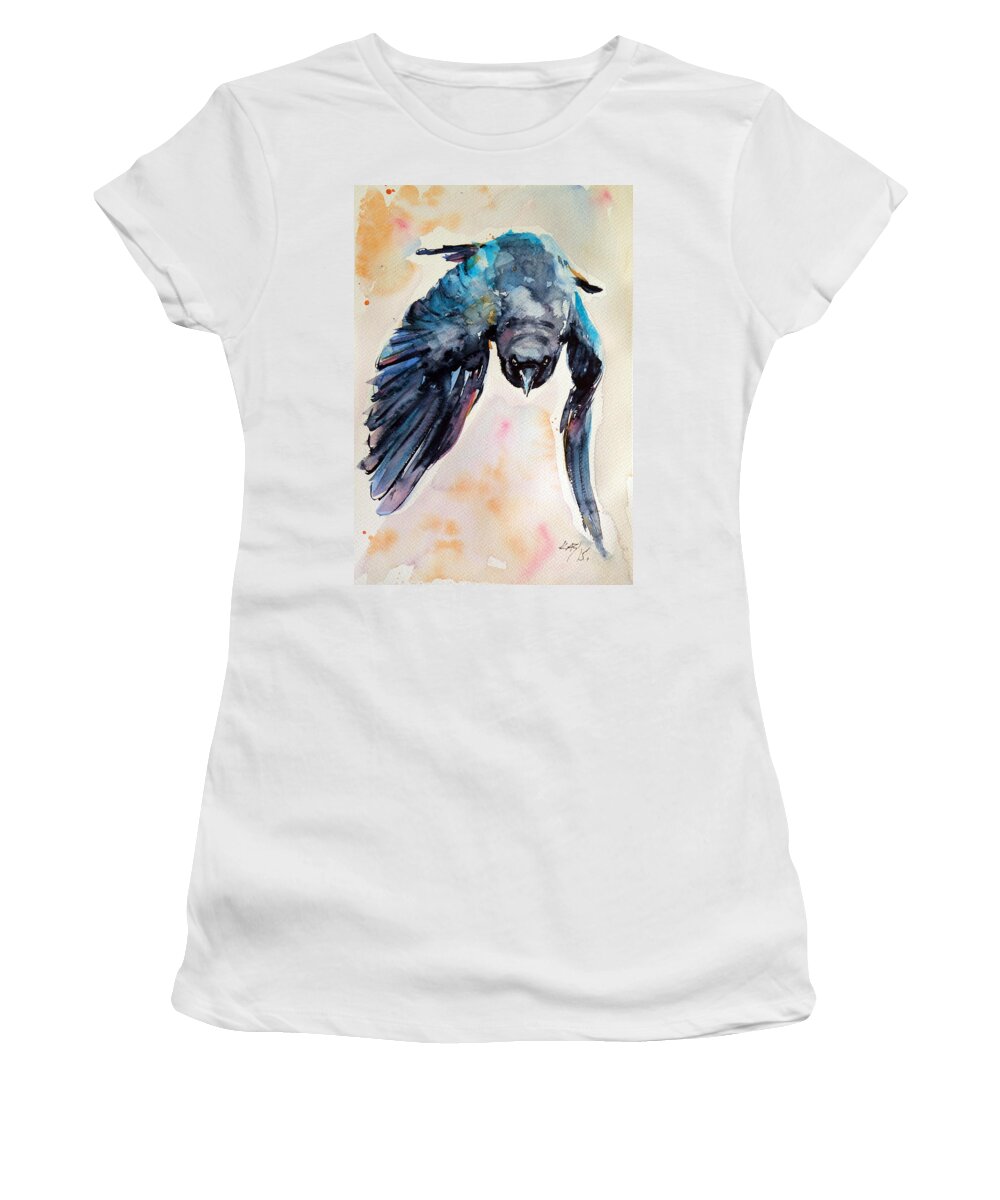 Crow Women's T-Shirt featuring the painting Flying crow by Kovacs Anna Brigitta