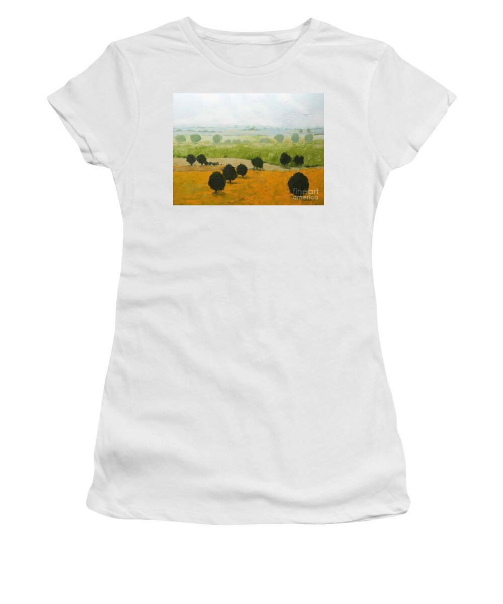 Landscape Women's T-Shirt featuring the painting Fog Lifting Fast by Allan P Friedlander