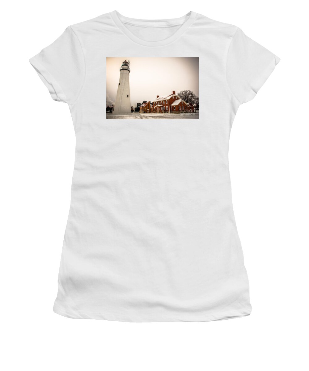 Ft. Gratiot Lighthouse Women's T-Shirt featuring the photograph Fort Gratiot Lighthouse in Winter by Grace Grogan