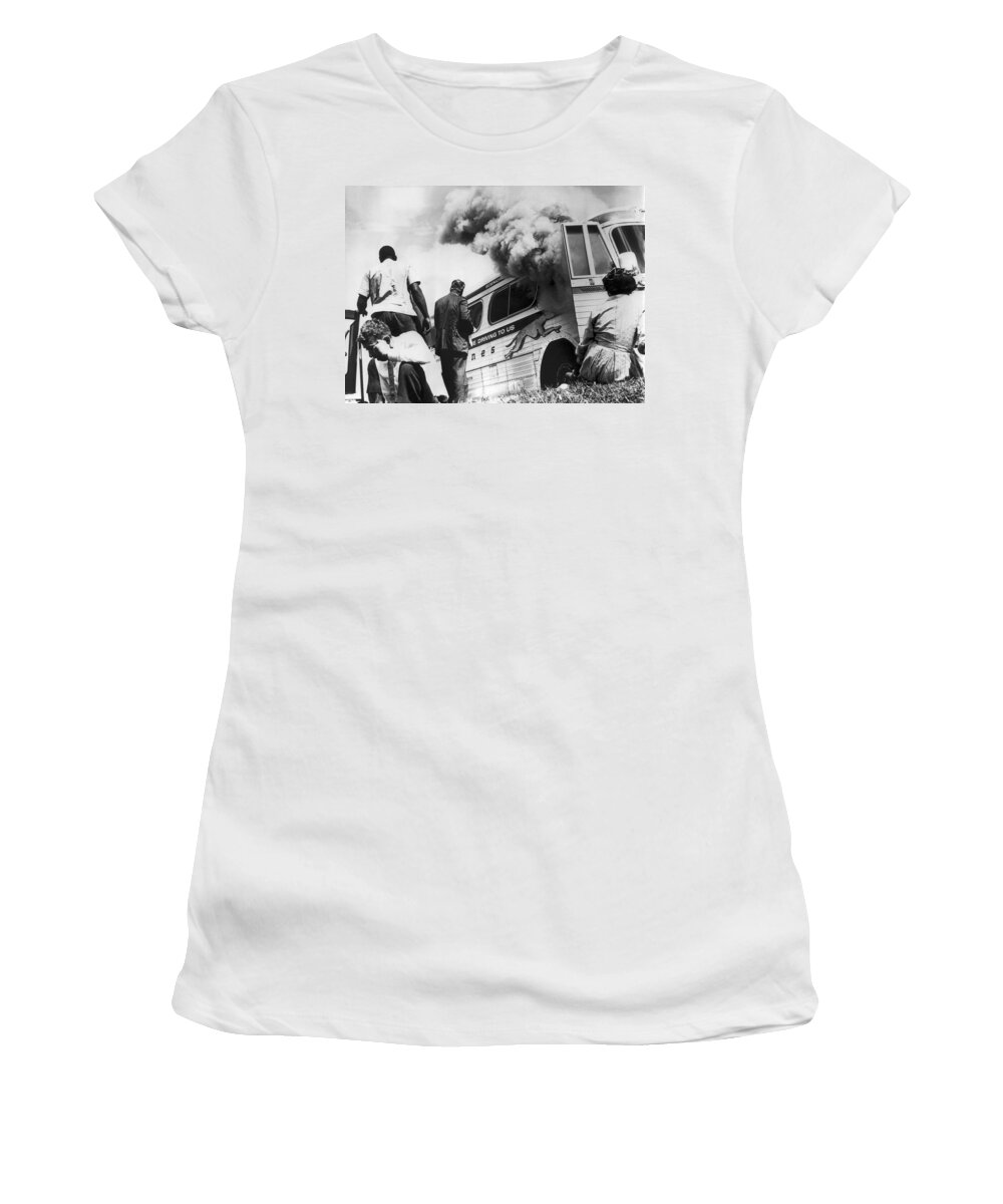 1961 Women's T-Shirt featuring the photograph Freedom Riders Bus Burned by Underwood Archives