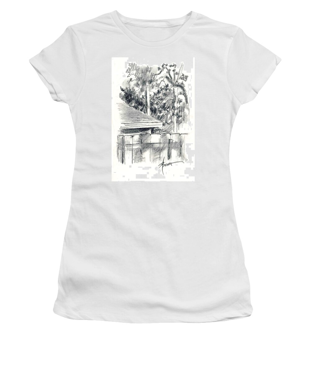 Trees Women's T-Shirt featuring the painting From the Breakfast Room Window by Adele Bower
