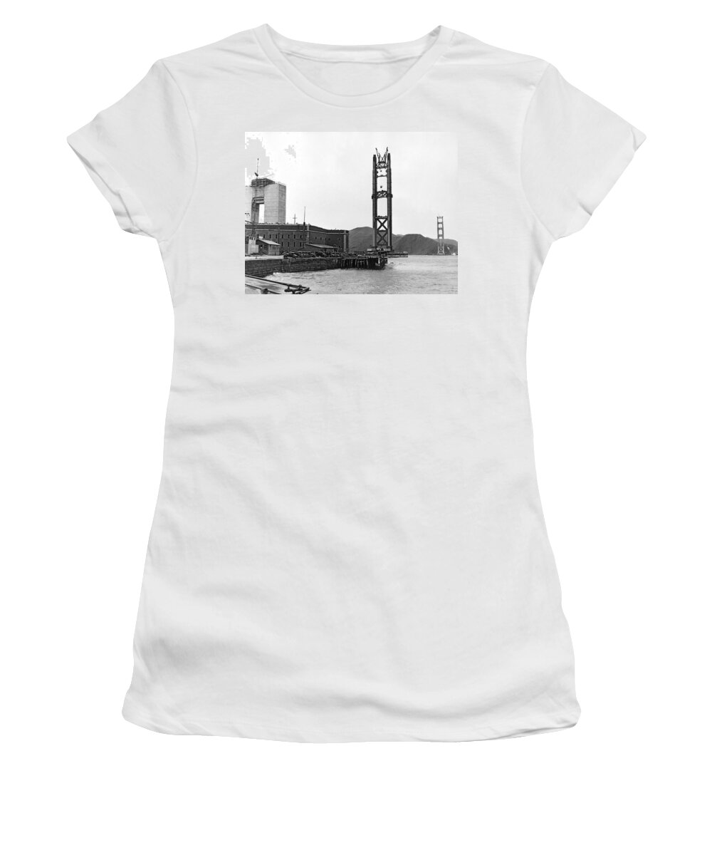 1935 Women's T-Shirt featuring the photograph GG Bridge Under Construction by Underwood Archives