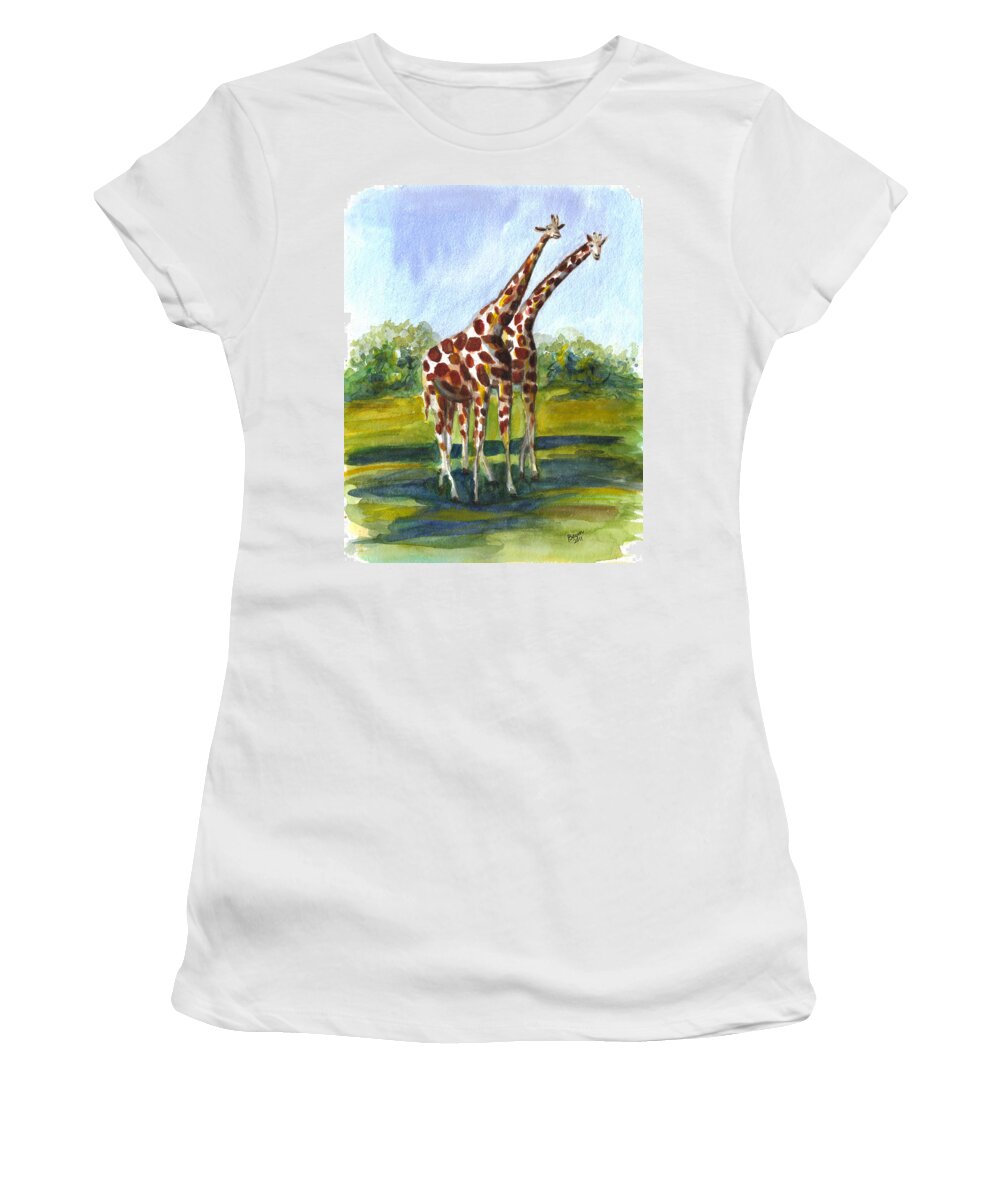 Giraffe Women's T-Shirt featuring the painting Giraffe twins by Clara Sue Beym