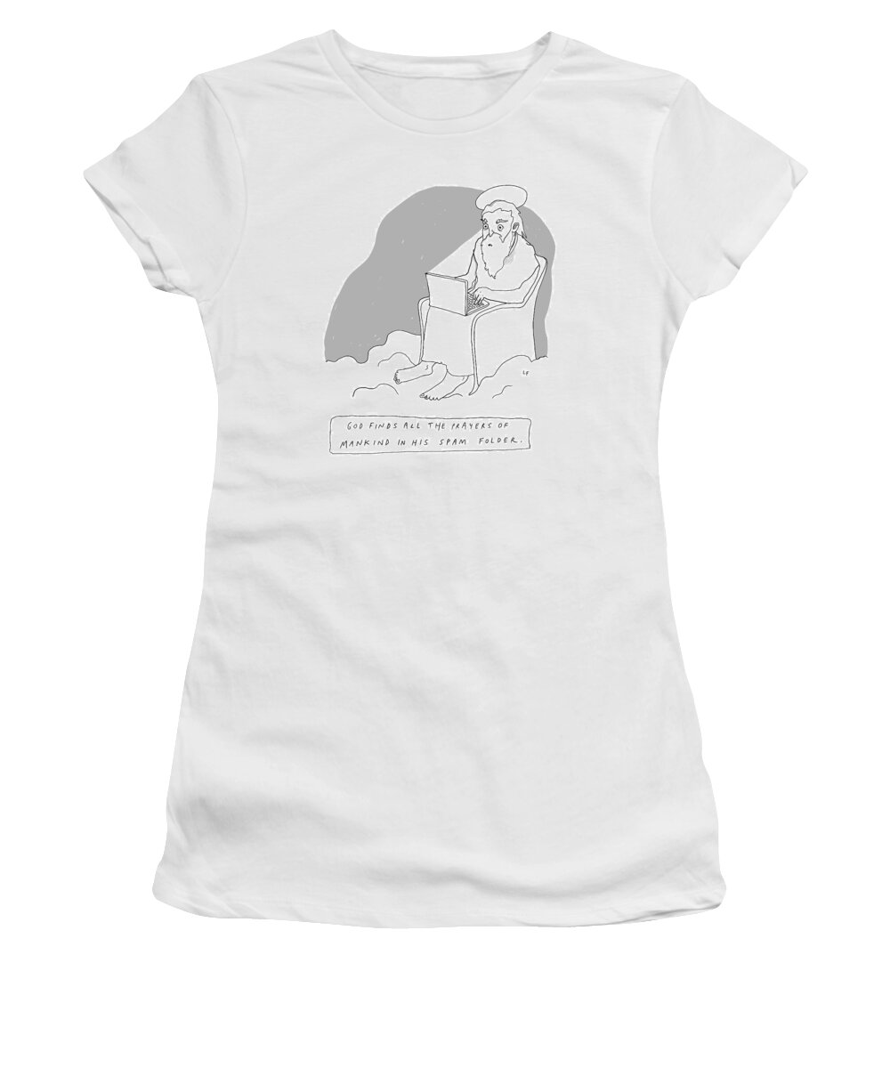 Captionless Women's T-Shirt featuring the drawing God Sits In A Throne In Heaven by Liana Finck