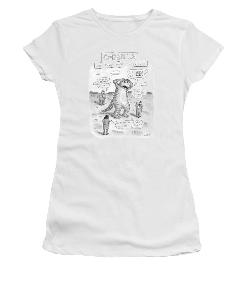 Godzilla Women's T-Shirt featuring the drawing Godzilla Vs. The Angry Movie Executives by Roz Chast