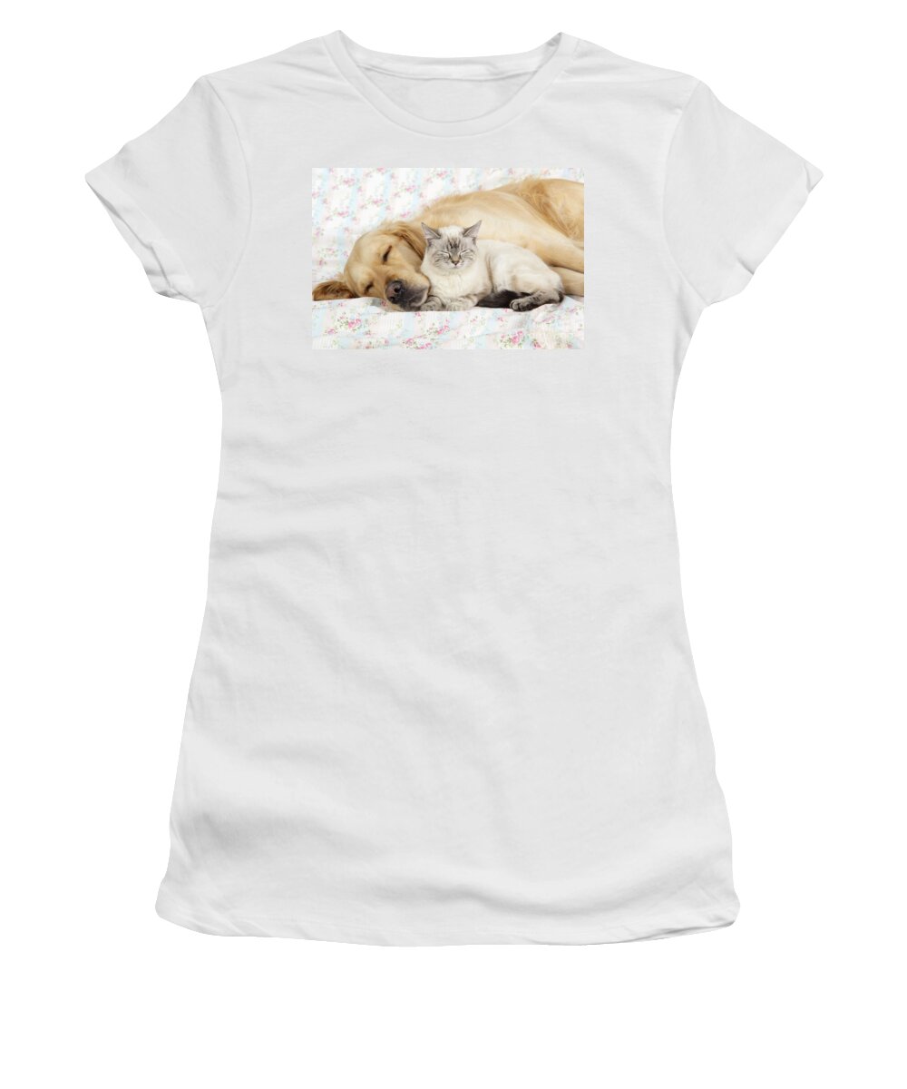 Dog Women's T-Shirt featuring the photograph Golden Retriever And Cat by John Daniels