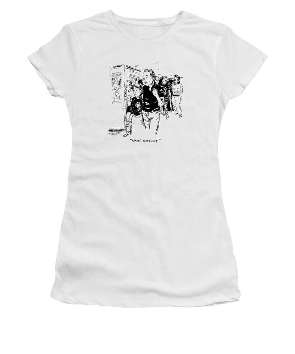 

 Man To Woman As They Leave New Action Movie Women's T-Shirt featuring the drawing Great Weaponry by William Hamilton