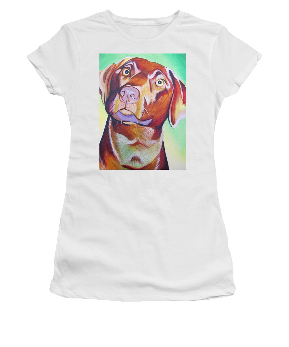 Dog Portraits Women's T-Shirt featuring the painting Green and Brown Dog by Joshua Morton