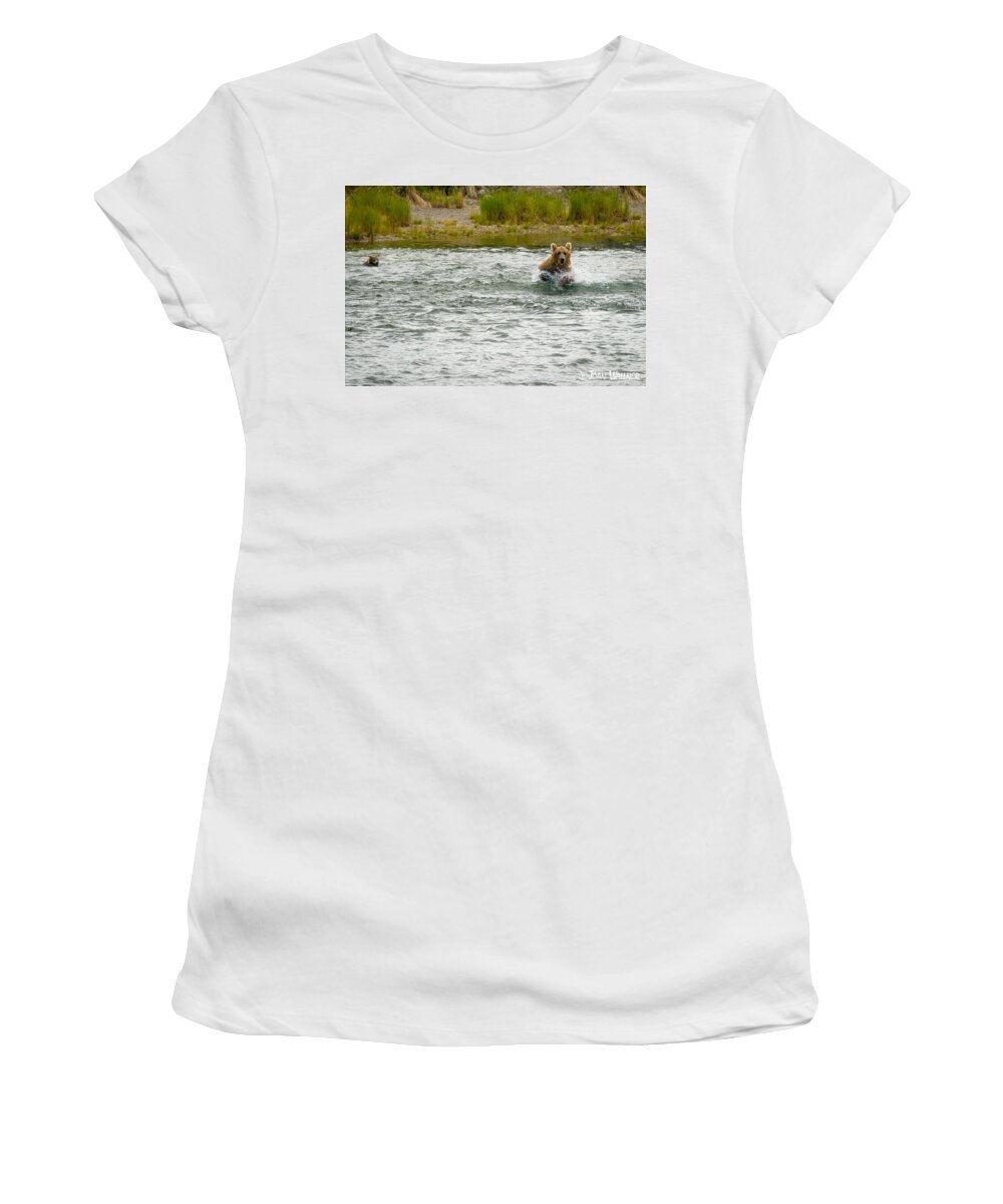 Alaska Women's T-Shirt featuring the photograph Grizzly mom Fishing for Salmon by Joan Wallner