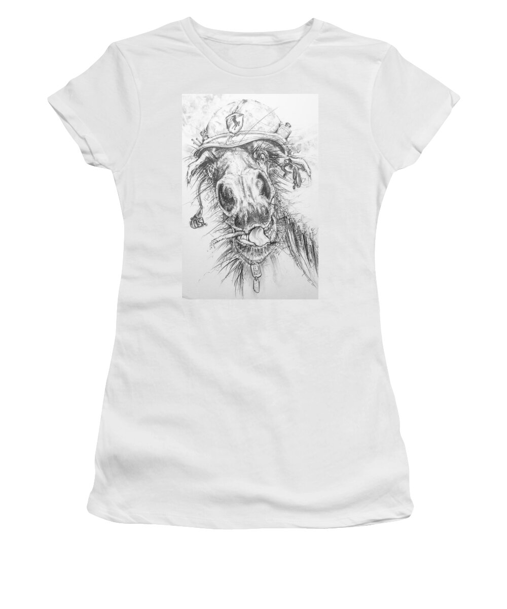 Horse Women's T-Shirt featuring the drawing Hair-ied Horse Soilder by Scott and Dixie Wiley