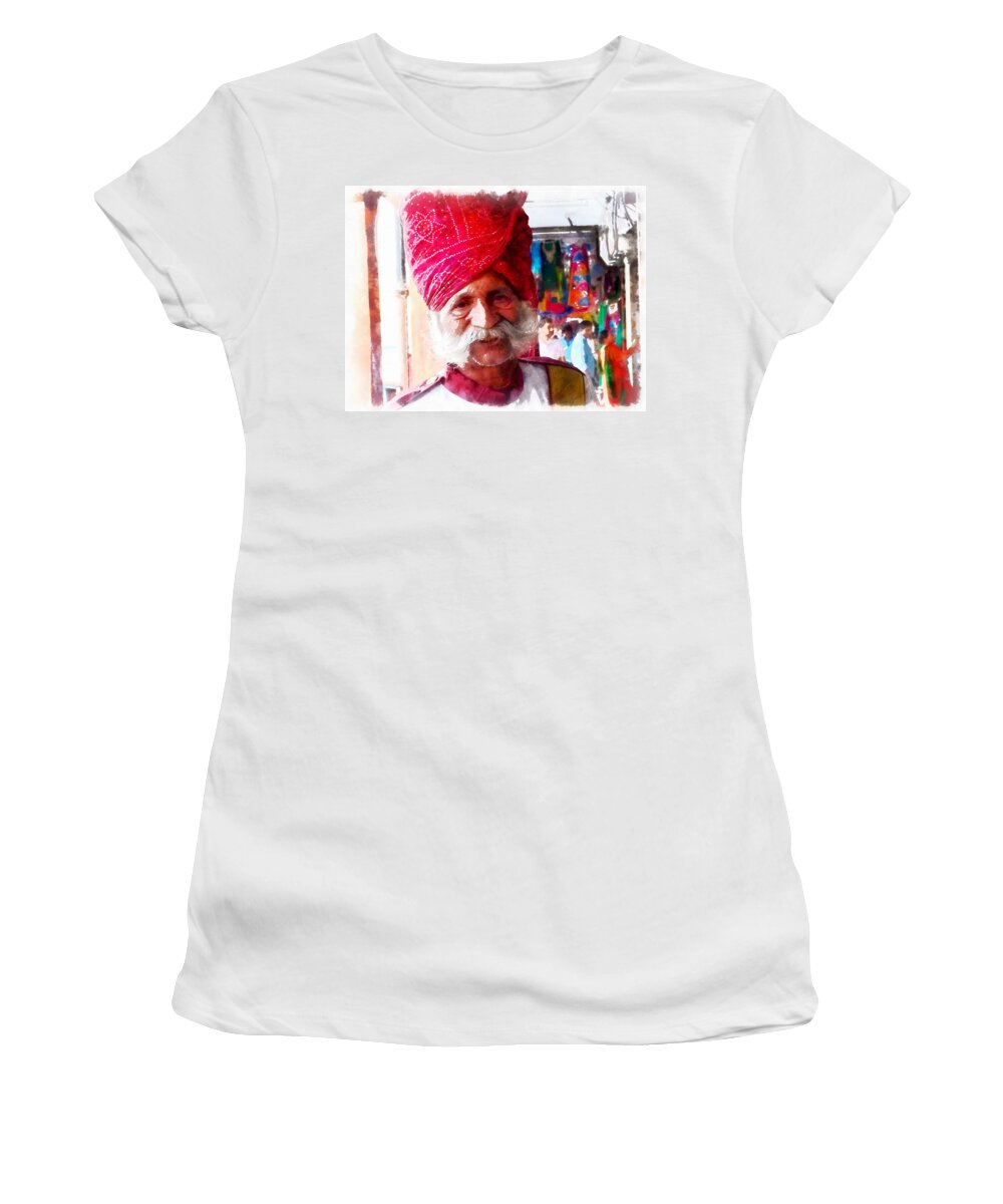 Handsome Women's T-Shirt featuring the photograph Handsome Doorman Turban India Rajasthan Jaipur by Sue Jacobi
