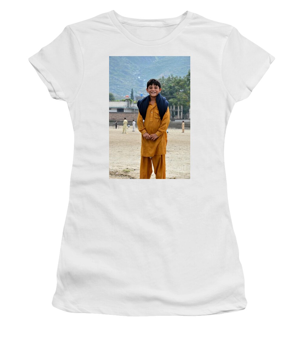 Boy Women's T-Shirt featuring the photograph Happy laughing Pathan boy in Swat Valley Pakistan by Imran Ahmed