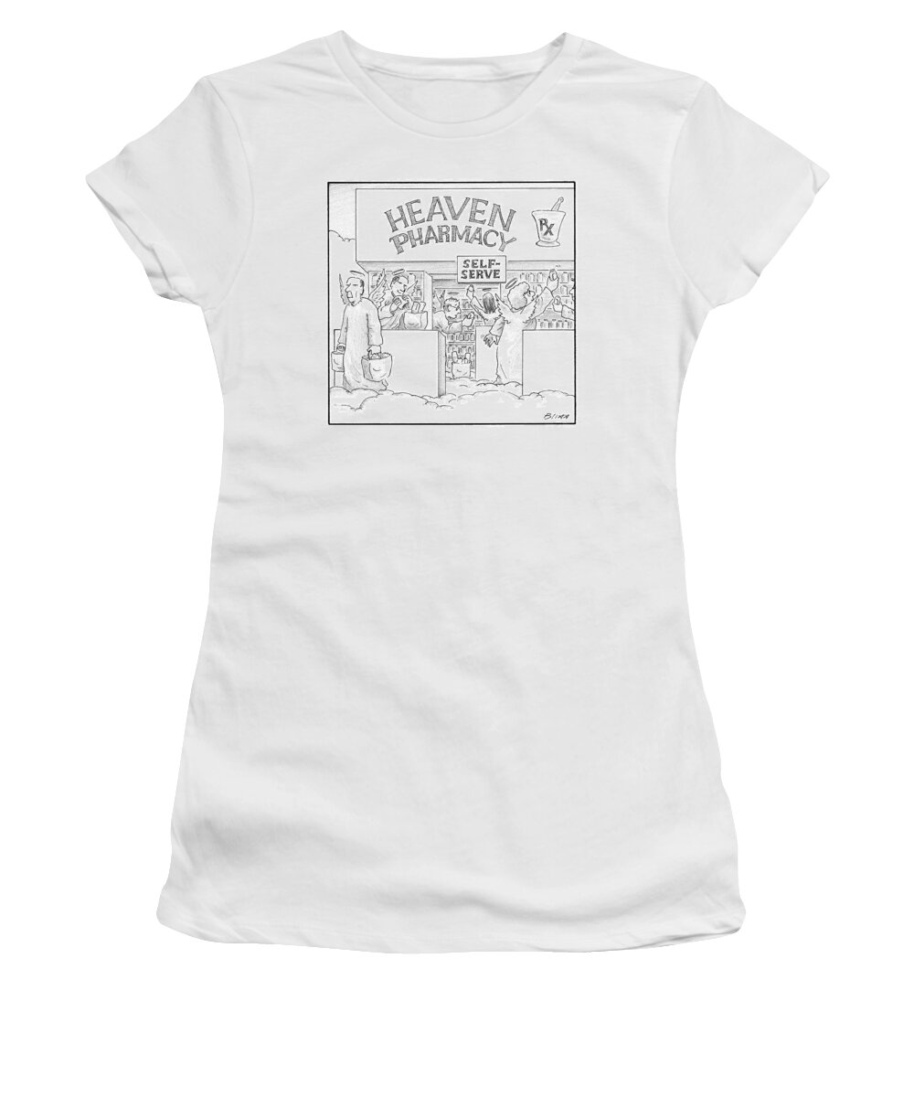 Angels Women's T-Shirt featuring the drawing Heaven Pharmacy Features Angels Loading by Harry Bliss