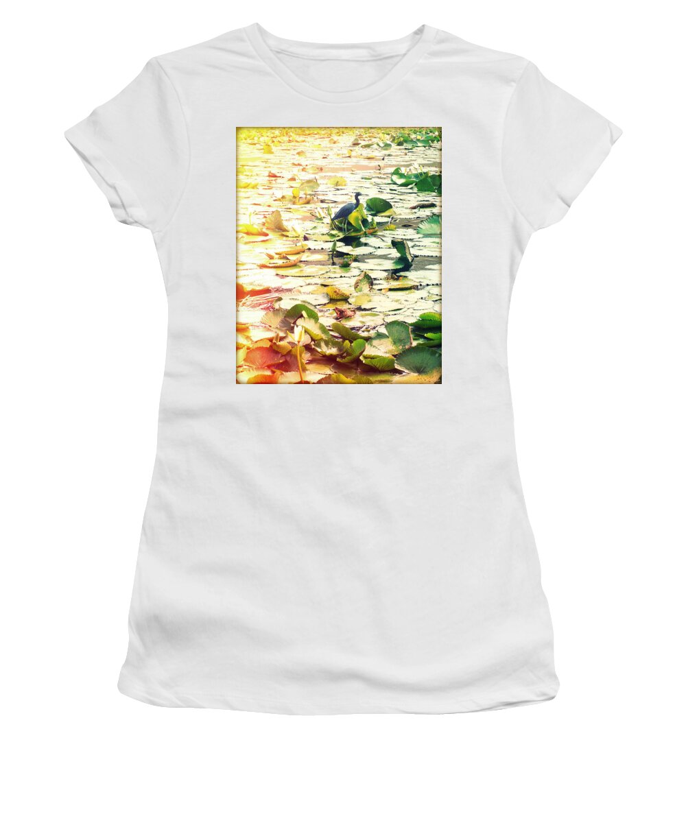 Florida Women's T-Shirt featuring the photograph Heron Among Lillies Photography Light Leaks by Chris Andruskiewicz