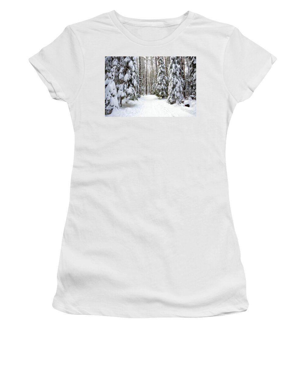 Snowy Scene Women's T-Shirt featuring the photograph Hersey Lake winter path by Elaine Berger