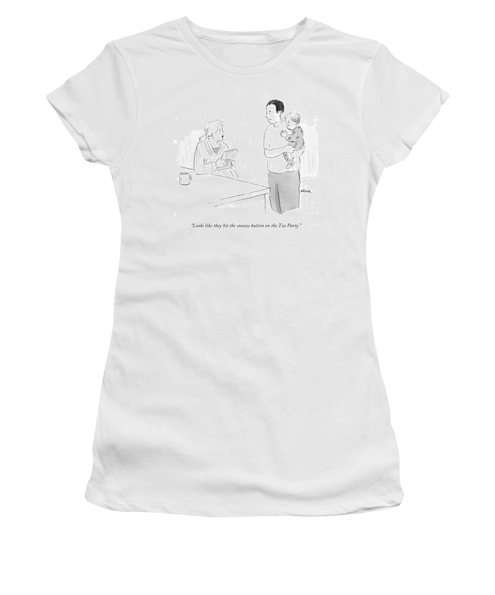 Looks Like They Hit The Snooze Button On The Tea Party.' Women's T-Shirt featuring the drawing Hit The Snooze Button On The Tea Party by Emily Flake