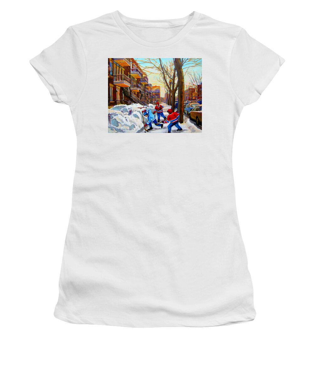 Montreal Women's T-Shirt featuring the painting Hockey Art - Paintings Of Verdun- Montreal Street Scenes In Winter by Carole Spandau