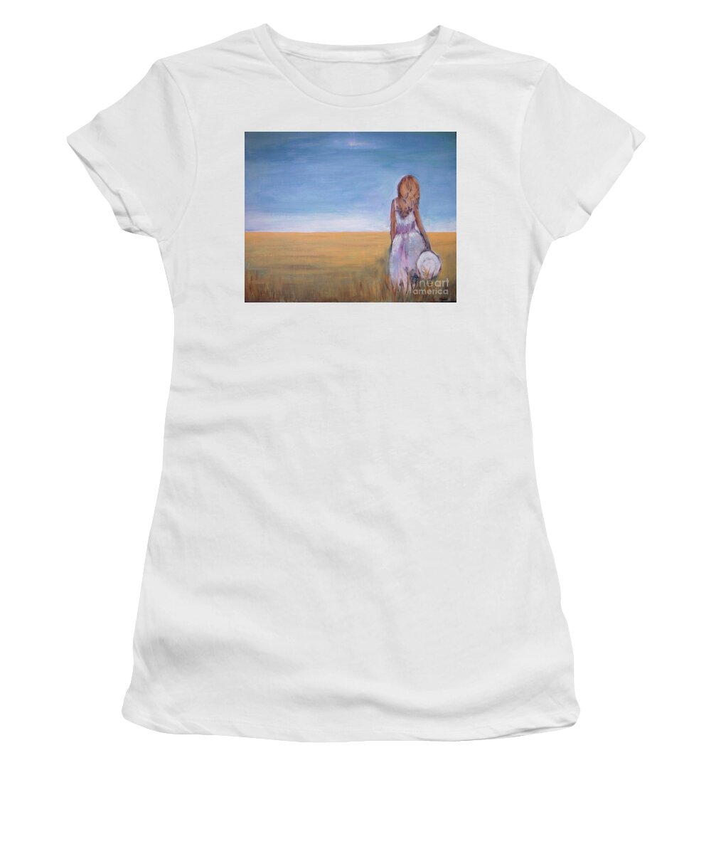 Wheat Field Women's T-Shirt featuring the painting Girl in Wheat Field by Vesna Antic