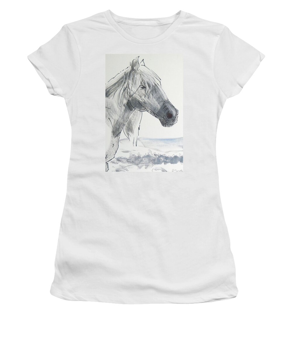White Women's T-Shirt featuring the painting Horse Head Drawing by Mike Jory