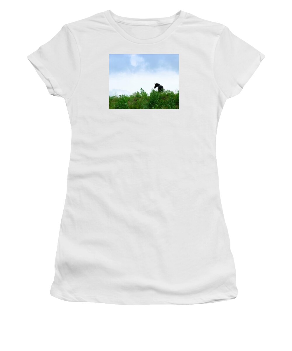 Flatlandsfoto Women's T-Shirt featuring the photograph Horse On The Hill by Joan Davis