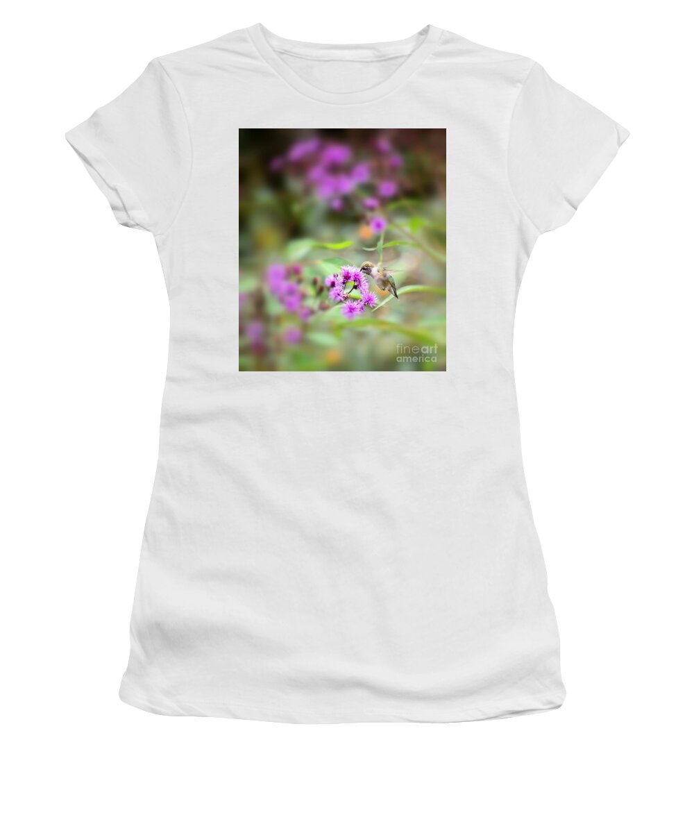 Hummingbird Women's T-Shirt featuring the photograph Hummingbird in the Flowers by Kerri Farley