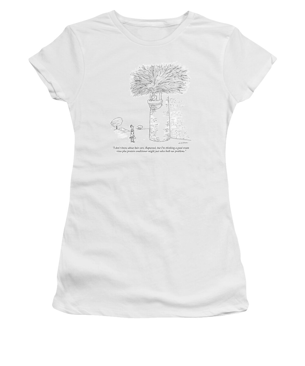 Rapunzel Women's T-Shirt featuring the drawing ?i Don?t Know About Hair Care by Michael Maslin