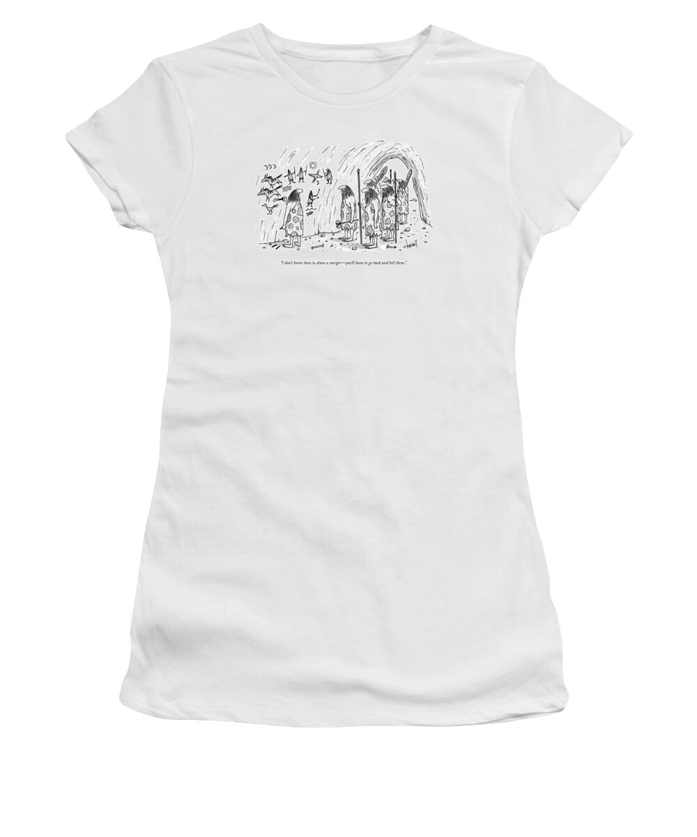Cavemen Women's T-Shirt featuring the drawing I Don't Know How To Draw A Merger - You'll by Tom Cheney