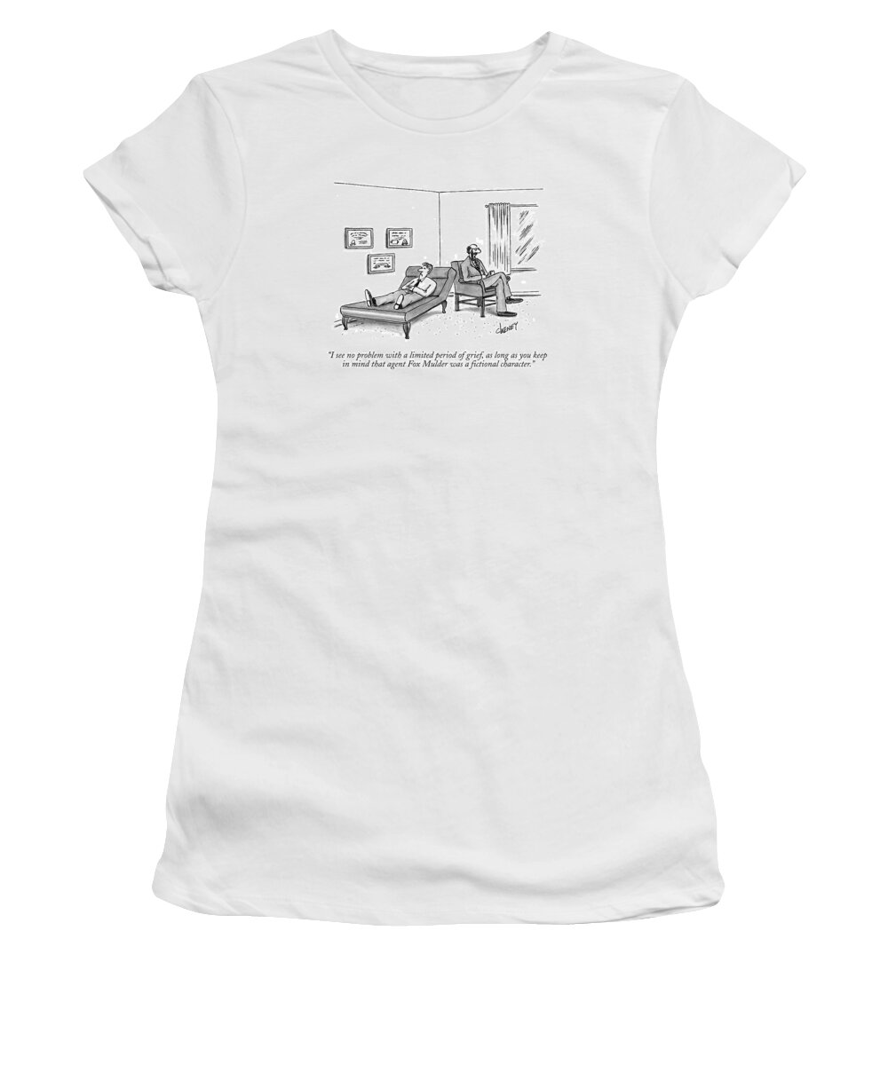 Entertainment Women's T-Shirt featuring the drawing I See No Problem With A Limited Period Of Grief by Tom Cheney