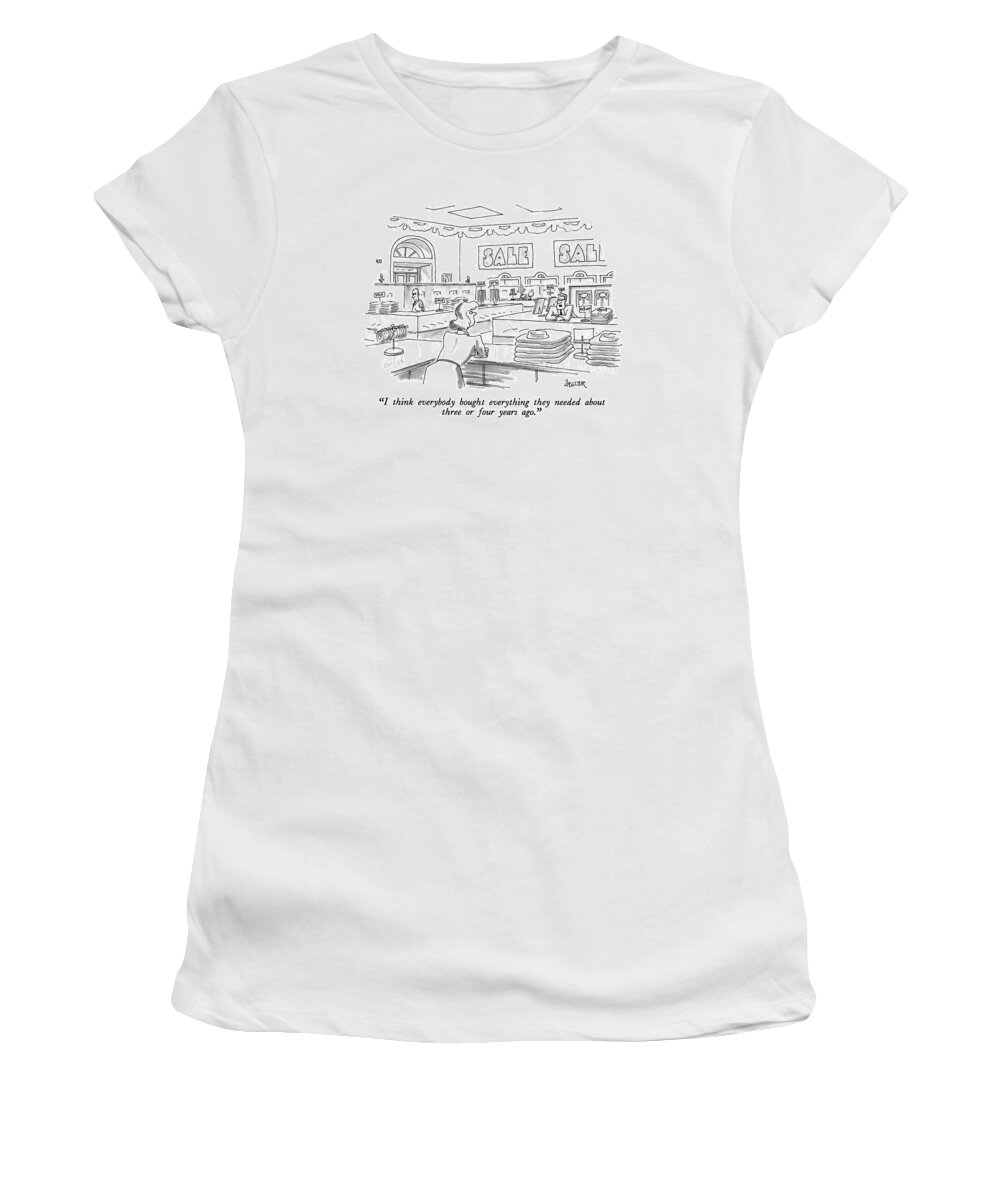 Consumerism Women's T-Shirt featuring the drawing I Think Everybody Bought Everything They Needed by Jack Ziegler