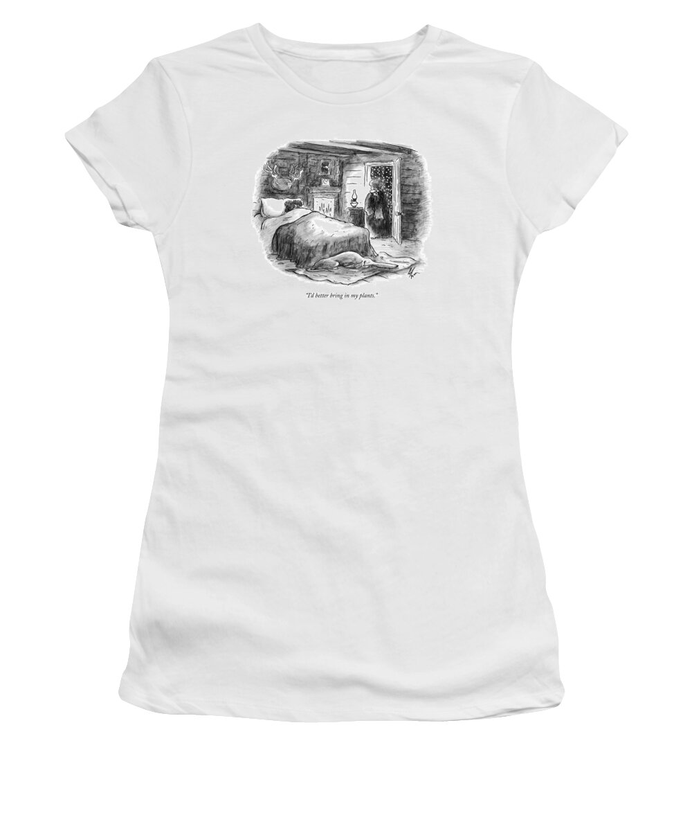 Plants Women's T-Shirt featuring the drawing I'd Better Bring In My Plants by Frank Cotham