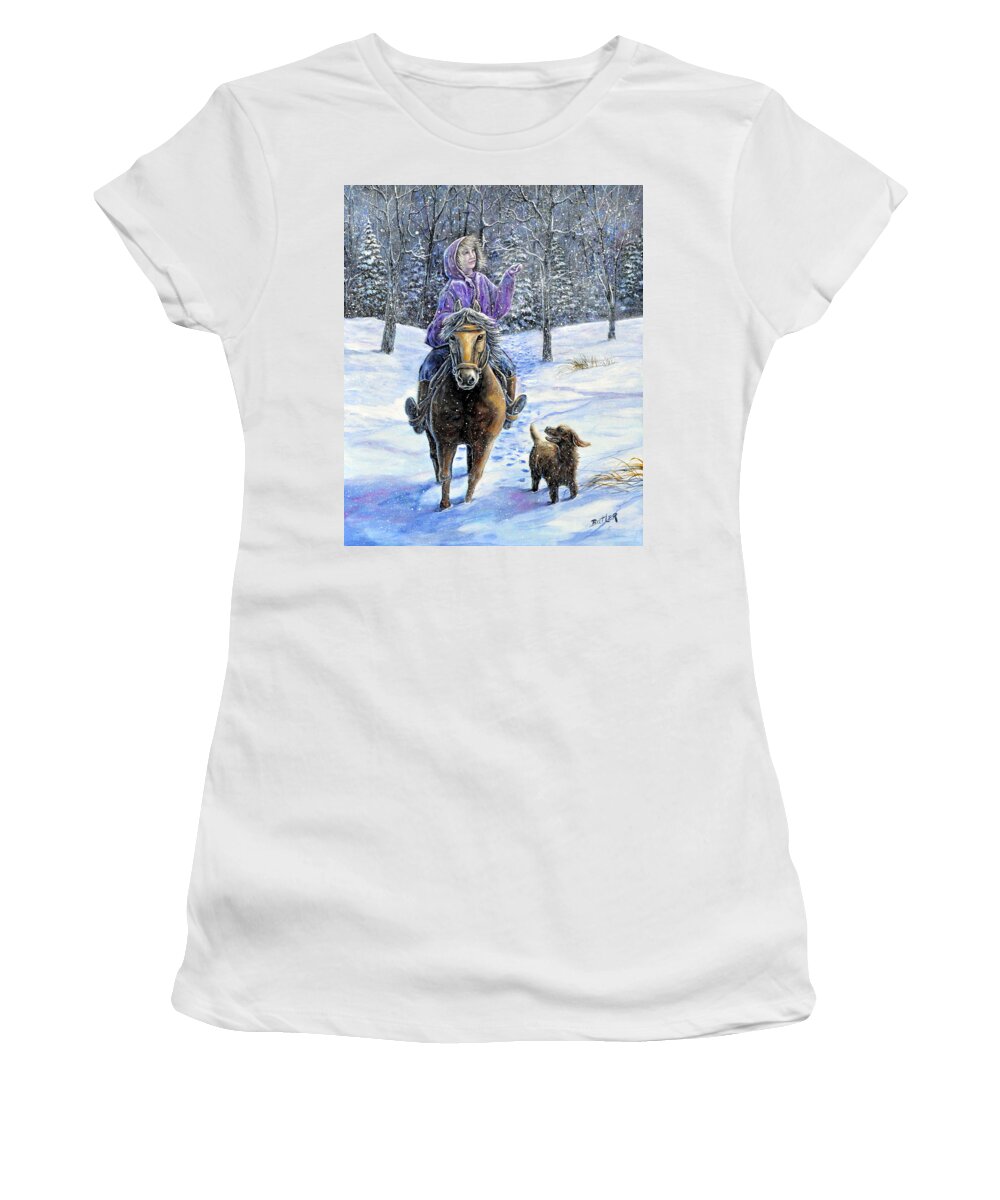 Nature Landscape Girl Ride Horse Dog Snow Country Friend Women's T-Shirt featuring the painting If Snowflakes Were Wishes by Gail Butler