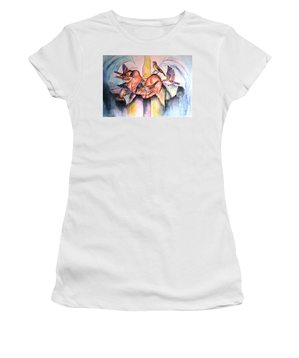 Birds Women's T-Shirt featuring the painting In His Hands by Hazel Holland