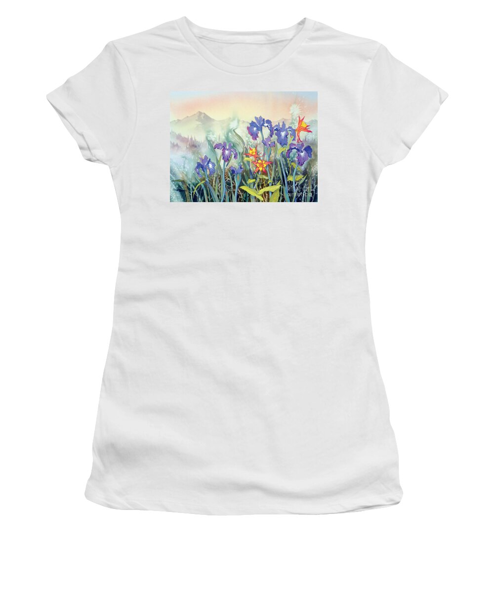 Iris And Columbine Ii Women's T-Shirt featuring the painting Iris and Columbine II by Teresa Ascone
