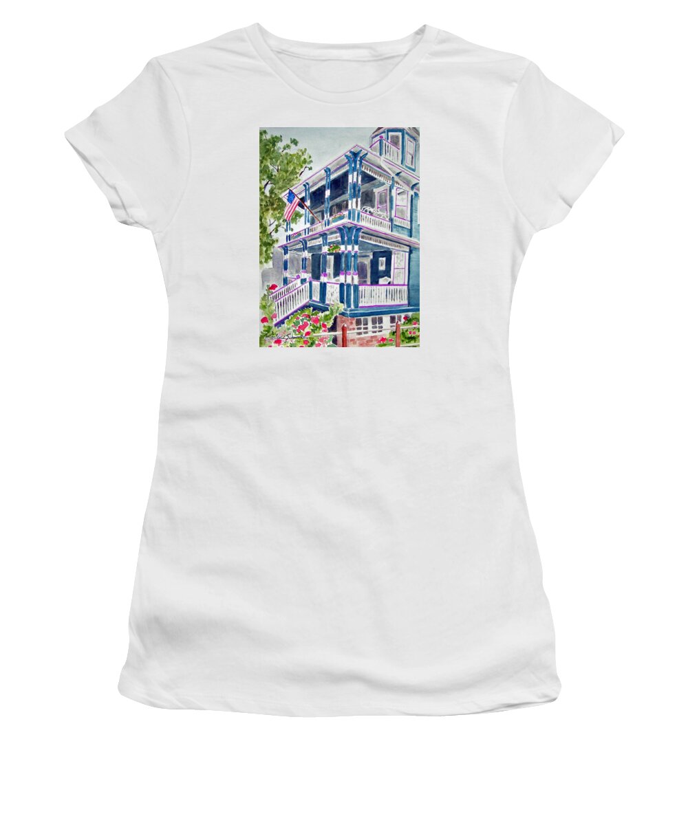 Cape May Women's T-Shirt featuring the painting Jackson Street Inn of Cape May by Marlene Schwartz Massey
