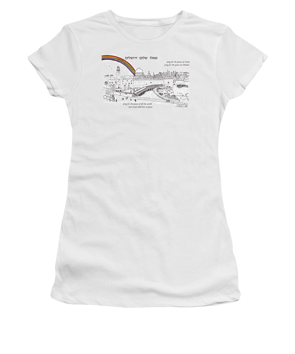 Jerusalem Women's T-Shirt featuring the painting Jerusalem with rainbow by Linda Feinberg
