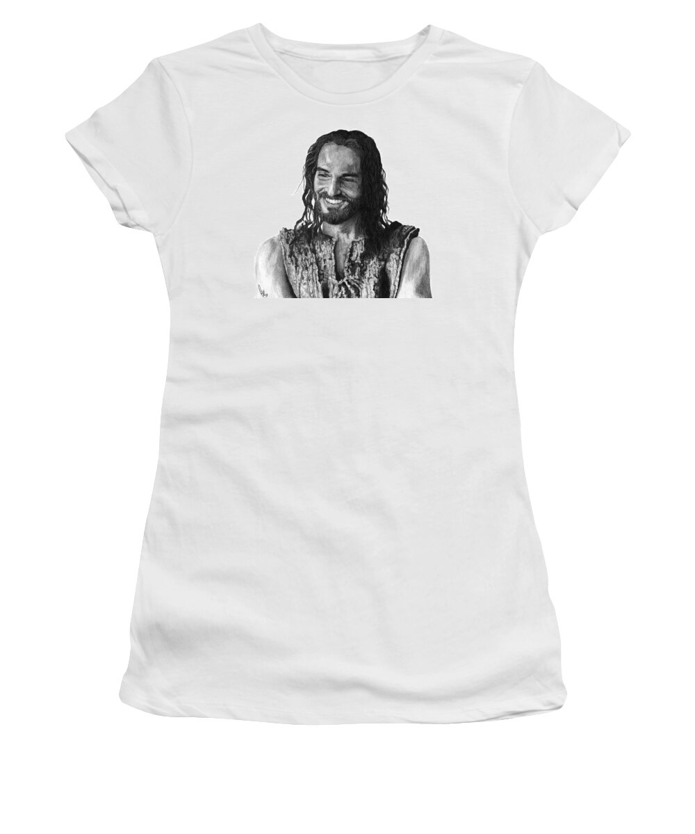 Drawing Women's T-Shirt featuring the drawing Jesus Smiling by Bobby Shaw