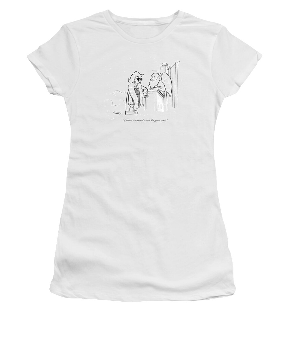 Joan Rivers Women's T-Shirt featuring the drawing Joan Rivers At The Gates Of Heaven by Benjamin Schwartz