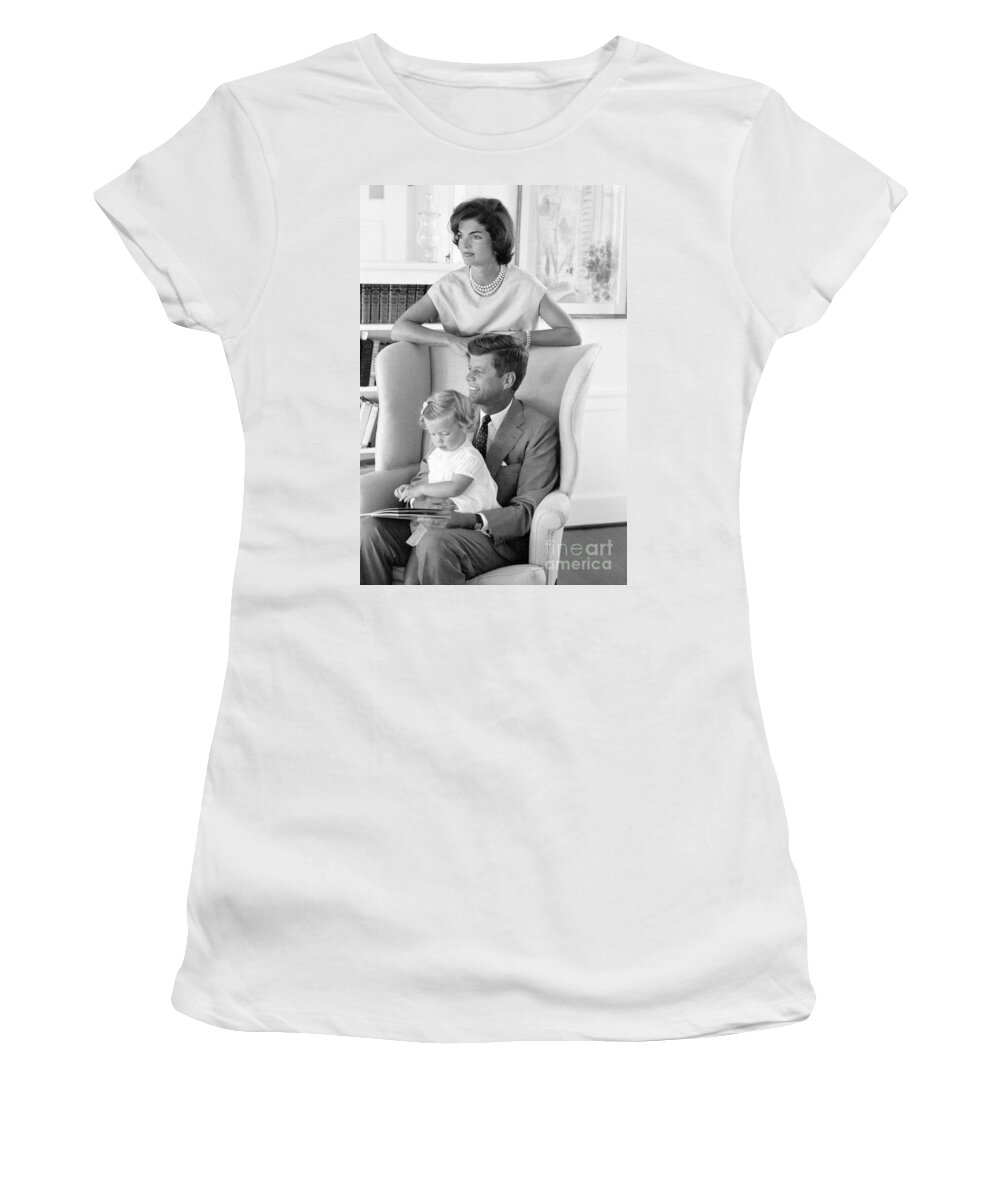 Senator John F. Kennedy Women's T-Shirt featuring the photograph John F. Kennedy with Jacqueline and Caroline 1959 #1 by The Harrington Collection