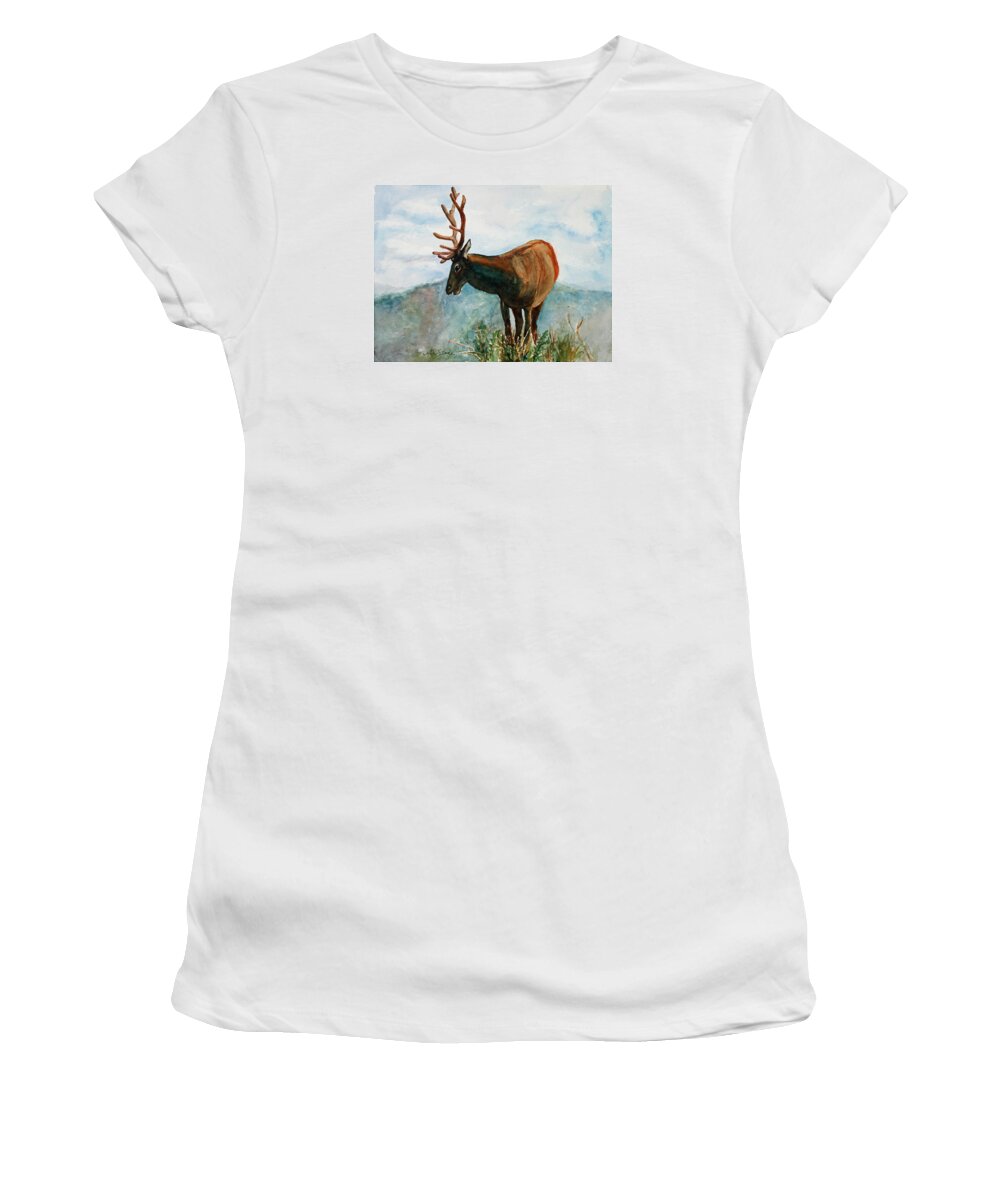 Elk Women's T-Shirt featuring the painting King of the Hill by Mary Benke