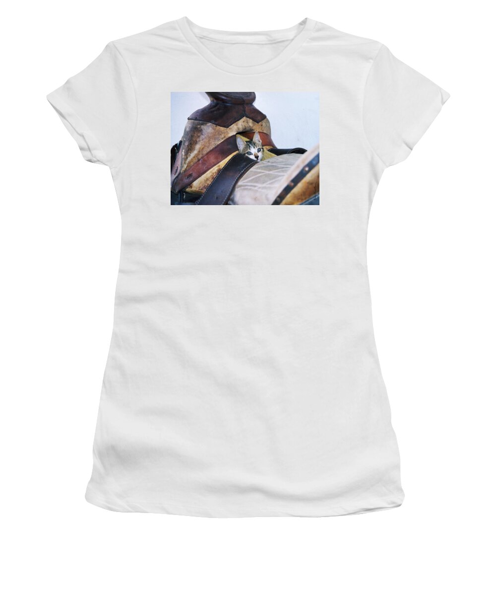 Cat Women's T-Shirt featuring the photograph Kitty in the Saddle by Kae Cheatham