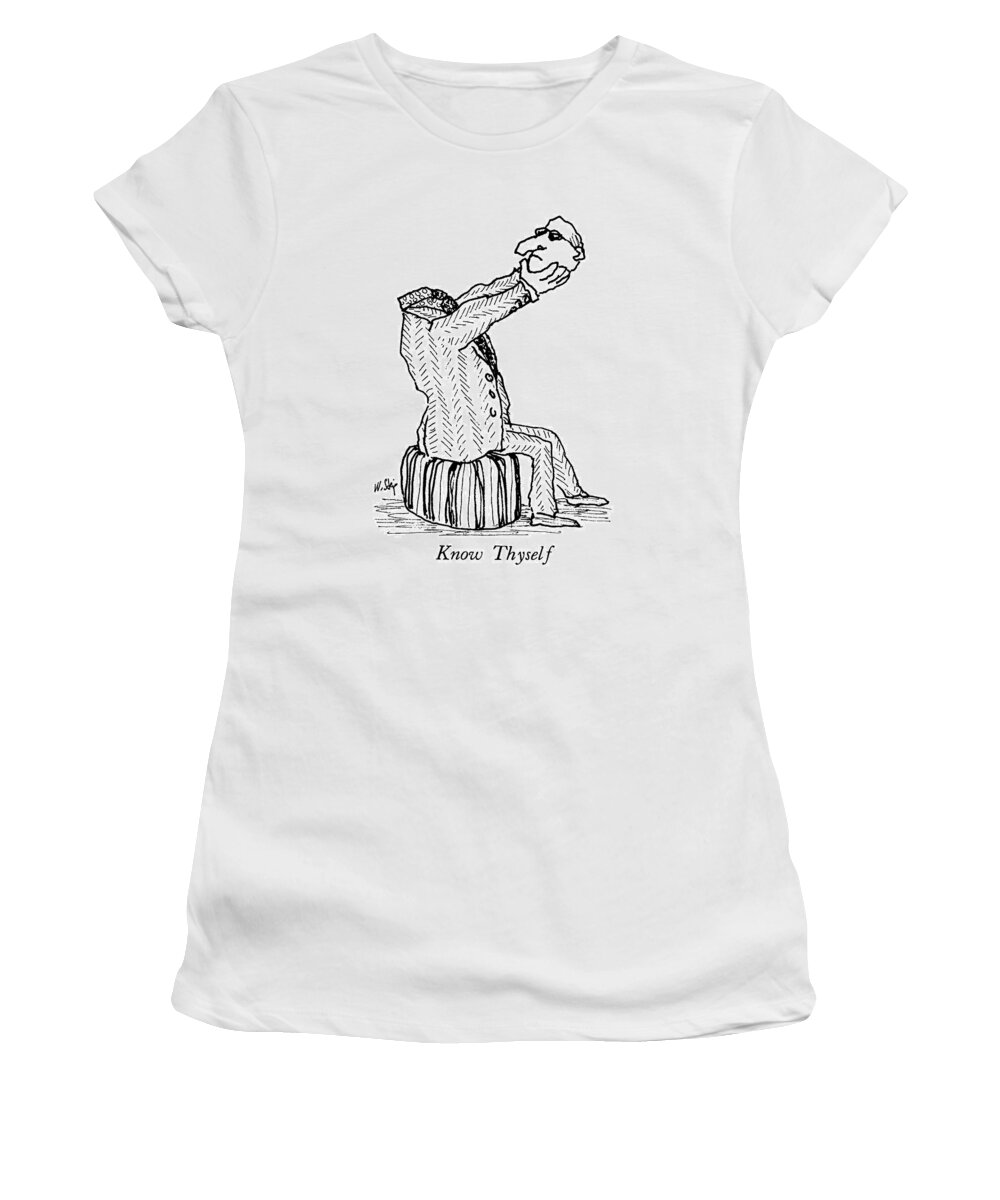 Know Thyself

Know Thyself: Caption. A Man Holds His Own Severed Head In His Hands. 
Self Women's T-Shirt featuring the drawing Know Thyself by William Steig