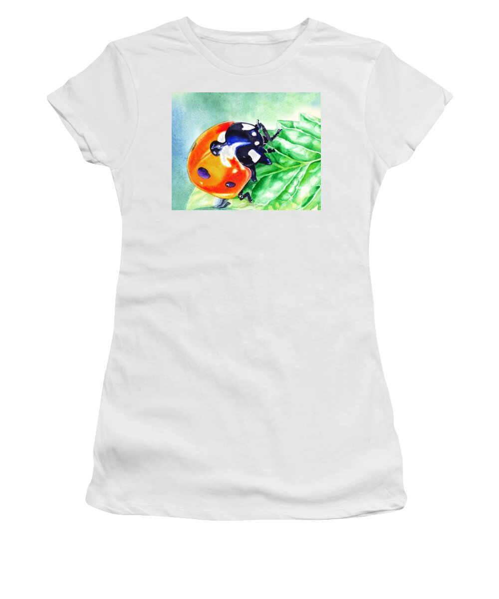 Ladybug Women's T-Shirt featuring the painting Ladybug On The Leaf by Irina Sztukowski